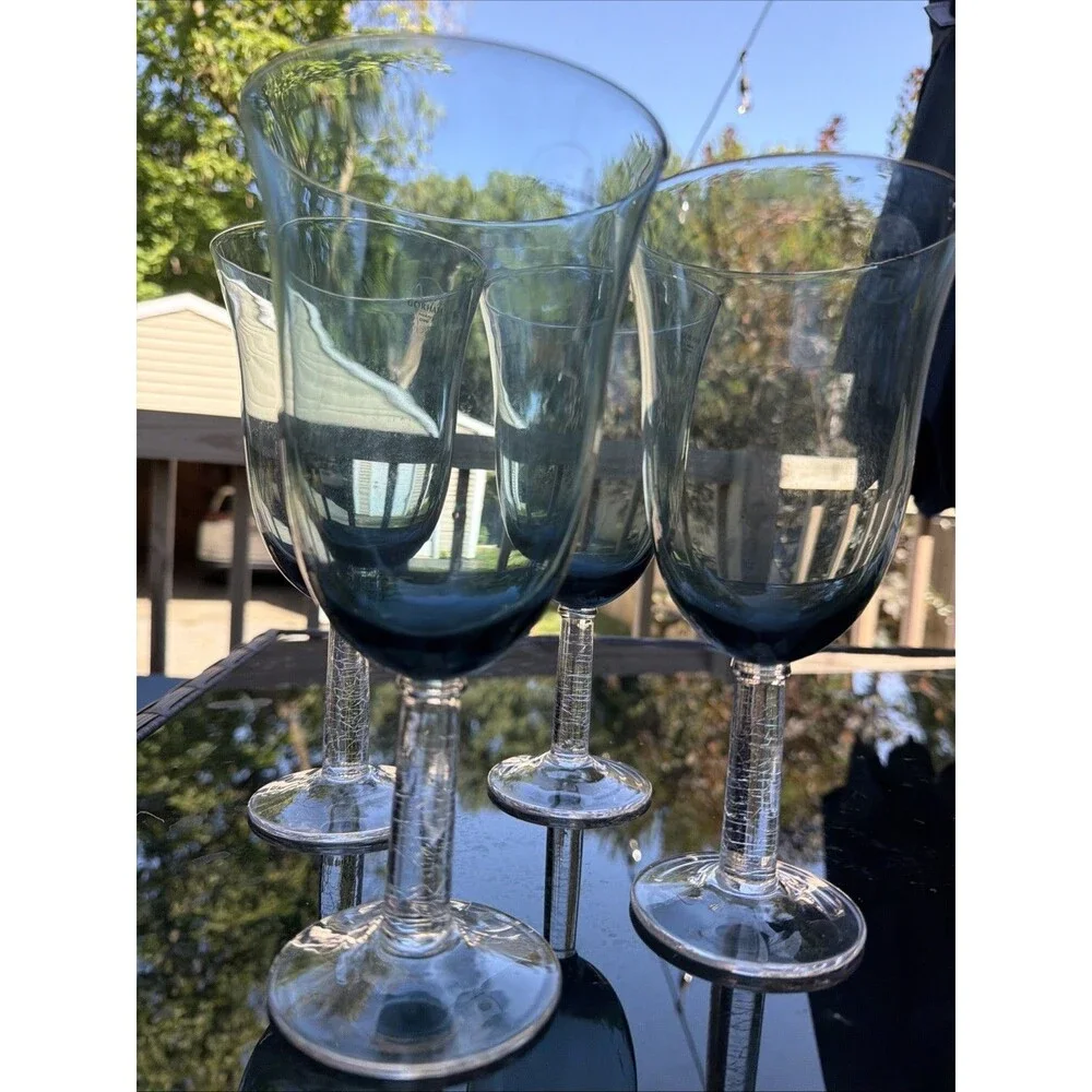 Blue Gorham Crystal Goblets Clear Crackle Stem Blown Glass Set of 4